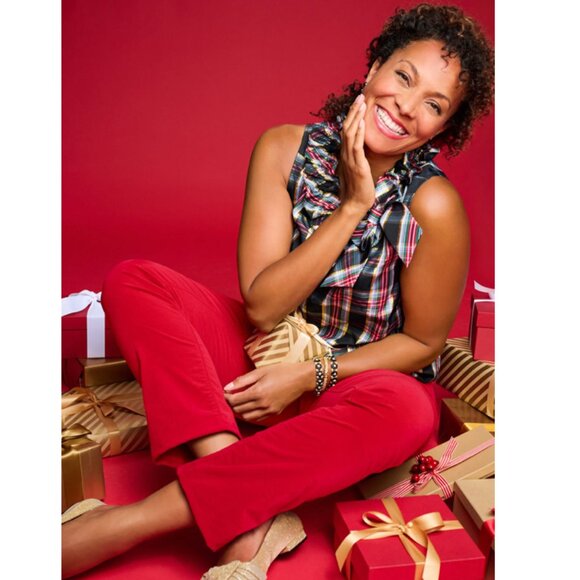 Talbots Bow Detail Ruffle Neck Shell - Celebrate Plaid szie SP - Picture 2 of 16